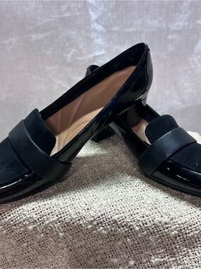 Clarks Black Patent and Suede Low Block Heel Loafers